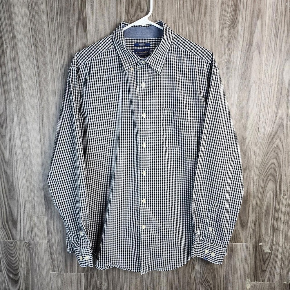 Mason James Mens Large Black White Gingham Stretch Long Sleeve Button Down Shirt